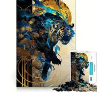 Puzzle de 1000 pièces pour Adultes,Tigre Bleu et Fleurs dorées,Assemblage précis,Jeu de réflexion, pour se détendre,Cadeau Amusant pour Un Anniversaire (38x26cm)