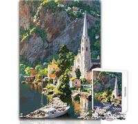 Puzzle de 1000 pièces pour Adultes - Village côtier avec église et Bateau - Jeu éducatif à Assembler pour Les Amateurs de Jeux (Taille 50x75cm)