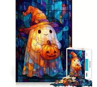 Puzzle de 1000 pièces pour Adultes Vitrail Magicien fantôme d'halloween avec Citrouille Jeu d'intérieur Découpe précise 38x52cm