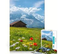 Puzzle de 1000 pièces Prairie Alpine avec Chalet et Montagnes pour Adultes Jeu de mémoire de qualité Professionnelle Activité de découpage conviviale et chaleureuse (38x52cm)