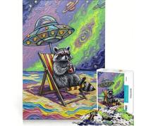 Puzzle de 1000 pièces Raccoon Beach en Vacances sous Un OVNI Jeu de réflexion détente intellectuelle Cadeau d'anniversaire 38x52cm