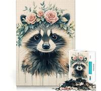 Puzzle de 1000 pièces Raton Laveur avec Couronne de Fleurs pour Adolescents Stimule la mémoire Loisirs et détente Bords Lisses Liste de souhaits du Père Noël (38x52cm)