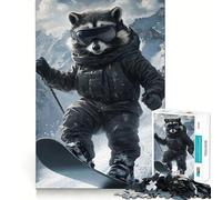 Puzzle de 1000 pièces Raton Laveur Faisant du Snowboard dans Les Montagnes pour Adultes, Jeu de réflexion et de renforcement des Liens familiaux, découpe de précision, Cadeau créatif (38x52cm)