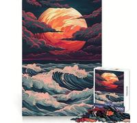 Puzzle de 1000 pièces Red Moon Waves, Style Japonais Vaporwave, pour Adultes, idéal pour Un défi intellectuel, Facile Jouer et aux Jeux de réflexion Découpe précise Cadeau Original (50x75cm)