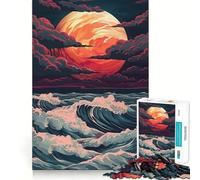 Puzzle de 1000 pièces Red Moon Waves, Style Japonais Vaporwave, pour Adultes, idéal pour Un défi intellectuel, Facile Jouer et aux Jeux de réflexion Découpe précise Cadeau Original (50x75cm)