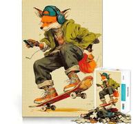 Puzzle de 1000 pièces Renard Skateur avec Casque Audio pour Adultes Jeu de réflexion Amusant et décontracté Découpe de précision Cadeau Artistique 38x52cm