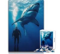 Puzzle de 1000 pièces Rencontre avec Un Grand Requin Blanc pour Adultes:Jeu de réflexion et de création, idée Cadeau mémorable et touchante Dimensions:38x52cm