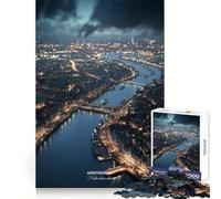 Puzzle de 1000 pièces représentant Amsterdam de Nuit aux Pays-Bas, idéal pour Adultes, Stimulant la réflexion logique et la détente Un Cadeau Festif sans Couture (38x52cm)