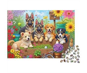Puzzle de 1000 pièces représentant d'adorables Chiots dans Un Jardin. Jeu éducatif pour Adultes à partir de 12 Ans. Décoration Magnifique. difficulté Stimulant.Anniversaire. 38 x 26 cm.