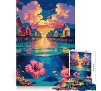 Puzzle de 1000 pièces représentant des bungalows sur pilotis tropicaux avec scène sous-marine idéal pour les adolescents Exercice cérébral apaisant moment de détente découpe de précision cadeau festif