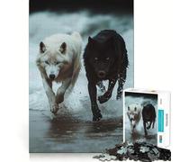 Puzzle de 1000 pièces représentant des Loups Blancs et Noirs en Pleine Course,idéal pour Les Adolescents Jeu Stimulant l'esprit,pièces de Taille Uniforme et précises,activité Amusante en Famille