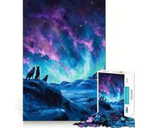 Puzzle de 1000 pièces représentant des Loups sous Les aurores boréales Jeu Stimulant Le Cerveau Ajustement Parfait Divertissement Confortable à l'intérieur pour Tous (50x75cm)
