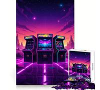 Puzzle de 1000 pièces représentant des Machines d'arcade rétro dans Un Paysage néon, idéal pour Les Adolescents Un Jeu Stimulant et Amusant, avec des découpes précises Cadeau Festif (38x52cm)