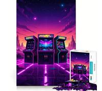 Puzzle de 1000 pièces représentant des Machines d'arcade rétro dans Un Paysage néon, idéal pour Les Adolescents Un Jeu Stimulant et Amusant, avec des découpes précises Cadeau Festif (38x52cm)