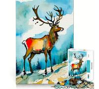 Puzzle de 1000 pièces représentant des Rennes en Hiver à l'aquarelle,idéal pour Les Adolescents Jeu Stimulant l'esprit,Solide et Facile à Assembler Activité,Parfaite pour Une soirée Entre Amis