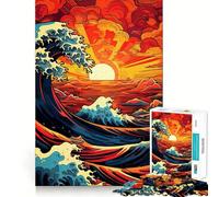 Puzzle de 1000 pièces représentant des Vagues stylisées au Coucher du Soleil, pour Adultes Jeu de réflexion et de Calme Décoration Murale épurée 38x52cm
