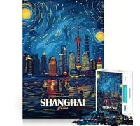 Puzzle de 1000 pièces représentant la Skyline Nocturne de Shanghai, Chine, pour Adultes Jeu de réflexion Intelligent, Silencieux et Amusant Découpe précise Cadeau Original 38x26cm