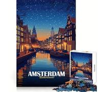 Puzzle de 1000 pièces représentant la Ville d'Amsterdam de Nuit aux Pays-Bas,idéal pour Les Adolescents stimule la réflexion stratégique,apaise l'esprit et Offre Un Cadeau Amusant et Original 50x75cm