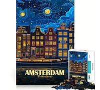 Puzzle de 1000 pièces représentant la Ville d'Amsterdam de Nuit aux Pays-Bas Pièces nettes et sans bavures Une activité captivante pour des soirées tranquilles (38x26cm)