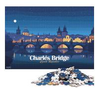 Puzzle de 1000 pièces représentant Le Pont Charles, en République tchèque, la Nuit. Jeu éducatif en Papier pour Adultes et Enfants. Idée Cadeau de Noël. 38 x 26 cm / 1000 pièces