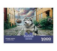 Puzzle de 1000 pièces représentant Un Adorable Husky dans Une Rue pavée près des immeubles. Un Jeu Familial Amusant et Stimulant. Dimensions : 70 x 50 cm.