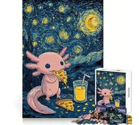 Puzzle de 1000 pièces représentant Un Axolotl Mangeant Une Pizza sous Un Ciel étoilé,idéal pour Les Adolescents,développant Leur Esprit d'analyse et Leur capacité de Concentration Un Parfait