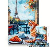 Puzzle de 1000 pièces représentant Un Balcon Parisien avec Chat et Croissant, idéal pour Adultes Jeu de réflexion et de détente Bordure serrée pour Les vœux du Père Noël (50x75cm)