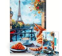 Puzzle de 1000 pièces représentant Un Balcon Parisien avec Chat et Croissant, idéal pour Adultes Jeu de réflexion et de détente Bordure serrée pour Les vœux du Père Noël (50x75cm)