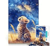 Puzzle de 1000 pièces représentant Un bébé guépard à l'aquarelle contemplant Les étoiles Jeu Amusant et Facile à Assembler,sans bavures,pièces nettes et découpées,Portable et idéal pour Les Voyages