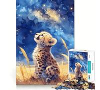 Puzzle de 1000 pièces représentant Un bébé guépard à l'aquarelle contemplant Les étoiles Jeu créatif et Stimulant,Assemblage Solide,sans pièces détachables,activité idéale pour Partager Un Moment