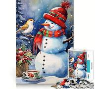 Puzzle de 1000 pièces représentant Un Bonhomme de Neige à l'aquarelle avec Un Oiseau et du thé Jeu de Concentration mentale sans Espace,Design ajusté,défi cérébral interactif pour la Maison (50x75cm)