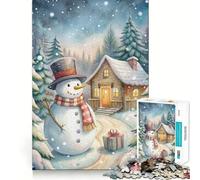 Puzzle de 1000 pièces représentant Un Bonhomme de Neige dans Un Chalet d'hiver,idéal pour Les Adolescents Jeu Stimulant l'esprit,Solide et Facile à Assembler Activité Amusante,même en soirée