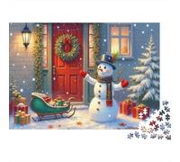 Puzzle de 1000 pièces représentant Un Bonhomme de Neige Devant Une Porte Rouge avec Une Couronne, Un Bonhomme de Neige pour Adultes, Un Jeu éducatif et décoratif, Un défi pour Un 70 x 50 cm.