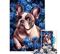 Puzzle de 1000 pièces représentant Un Bouledogue français dans Un Champ de Fleurs Bleues Jeu de réflexion pour Adultes idéal pour Toute la Famille et Les Amis (38x26cm)