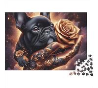 Puzzle de 1000 pièces représentant Un Bouledogue français Noir avec Une Rose. Jeu éducatif pour Adultes, décoration intérieure, Niveau de difficulté élevé, Anniversaire. Dimensions : 52 x 38 cm.