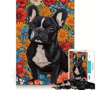 Puzzle de 1000 pièces représentant Un Bouledogue français Noir dans Un Champ de Fleurs Sauvages Pièces Parfaitement ajustées Jeu de Concentration Amusant,Moments de détente et de convivialité