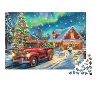 Puzzle de 1000 pièces représentant Un Camion Rouge avec Un Sapin enneigé, sur Le thème de Noël. Jeu éducatif pour Adultes. Décoration Magnifique. Anniversaire. Dimensions : 52 x 38 cm.