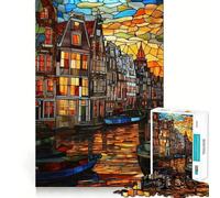 Puzzle de 1000 pièces représentant Un Canal d'Amsterdam en vitrail, idéal pour Adultes Un Jeu d'esprit Amusant et décontracté, découpé avec précision et doté d'une Touche Artistique 50x75cm