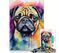 Puzzle de 1000 pièces représentant Un Carlin à l'aquarelle, idéal pour Adultes, défi cérébral, Jeu d'intérieur, pièce d'art aux découpes précises (38x52cm)