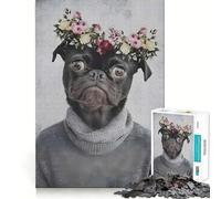 Puzzle de 1000 pièces représentant Un Carlin avec Une Couronne de Fleurs, idéal pour Les Adolescents Jeu de logique et de réflexion apaisant, découpe précise, Cadeau de Noël (50x75cm)