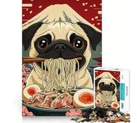 Puzzle de 1000 pièces représentant Un Carlin Mangeant des Ramen avec Le Mont Fuji en arrière-Plan Jeu de Puzzle Intelligent pour Adultes, Amusant à Assembler Ensemble Cadeau de Saison (38x26cm)