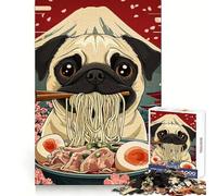 Puzzle de 1000 pièces représentant Un Carlin Mangeant des Ramen avec Le Mont Fuji en arrière-Plan Jeu de Puzzle Intelligent pour Adultes, Amusant à Assembler Ensemble Cadeau de Saison (38x26cm)