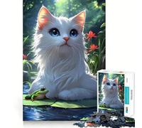 Puzzle de 1000 pièces représentant Un Chat Blanc et Une Grenouille dans Un étang Jeu cognitif et Amusant,découpe de Haute précision,Cadeau Unique pour soulager Le Stress (38x52cm)