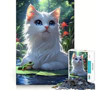 Puzzle de 1000 pièces représentant Un Chat Blanc et Une Grenouille dans Un étang Jeu de Concentration mentale Découpe de précision Bords Lisses Activité captivante pour des soirées tranquilles