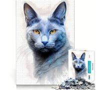 Puzzle de 1000 pièces représentant Un Chat Bleu Russe, idéal pour Adultes, pour développer la mémoire et soulager l'anxiété Un Cadeau Artistique à Assembler (38x52cm)
