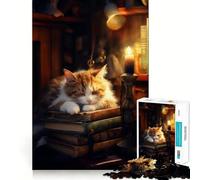 Puzzle de 1000 pièces représentant Un Chat endormi sur des Livres avec Une Bougie, idéal pour Les Adolescents Jeu de logique Fine, Passe-Temps Calme, pièce de Collection aux Bords Nets 38x26cm