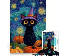 Puzzle de 1000 pièces représentant Un Chat fantaisiste d'halloween dans Le Style de Van Gogh,idéal pour Les Adultes Jeu Stimulant l'esprit,Format Uniforme,pièces précises,Format Voyage