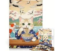 Puzzle de 1000 pièces représentant Un Chat Mangeant des Ramen,Paysage Japonais,idéal pour Les Adolescents Stimule l'intellect et la Coordination,favorise Un Loisir paisible et sain,et Offre
