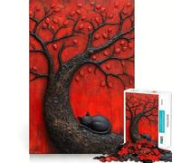 Puzzle de 1000 pièces représentant Un Chat Noir Japonais endormi sous Un Arbre Rouge 50x75cm Jeu de logique Solide et apaisant, découpe de précision, idéal pour Les Adolescents