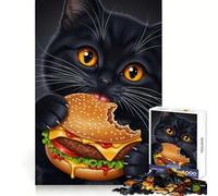 Puzzle de 1000 pièces représentant Un Chat Noir Mangeant Un Hamburger, pour Adultes Un Passe-Temps intellectuel et paisible, aux découpes nettes, Un Cadeau Unique (38x52cm)